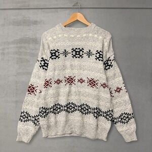 Vintage Arcadia Sweater Gray Fair Isle‎ Geometric Knit Cotton Crew Neck Large